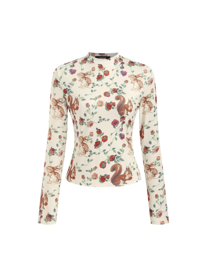 CIDER Women's Floral Knitted Long Sleeve Mock Neck Going Out Slim Fit Tops Fall Outfits Trendy Clothes Ivory, XS - Image 1