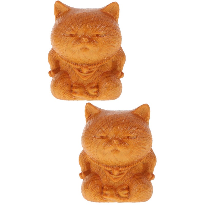 2pcs Cat Figurine Wood Small Kitten Statue Cat Sculpture Desk Ornament - Image 1