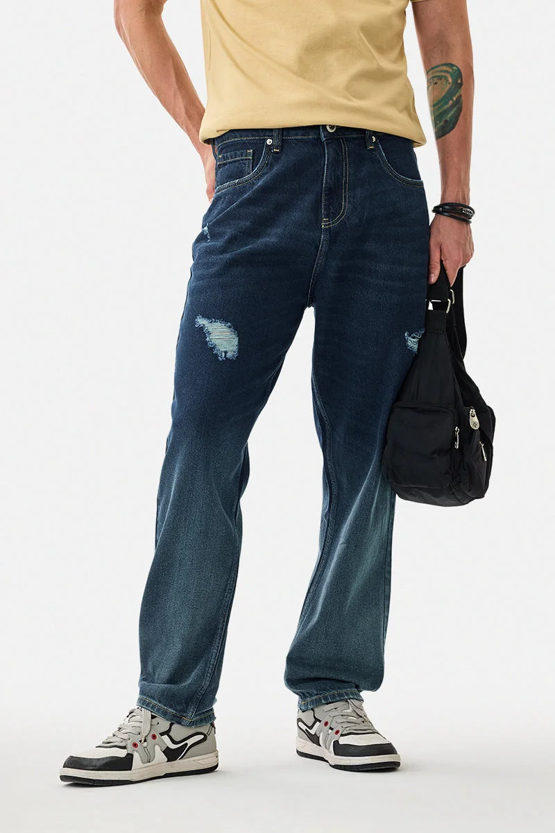 سنيتش Dark Blue Solid Relaxed Streetwear Jeans