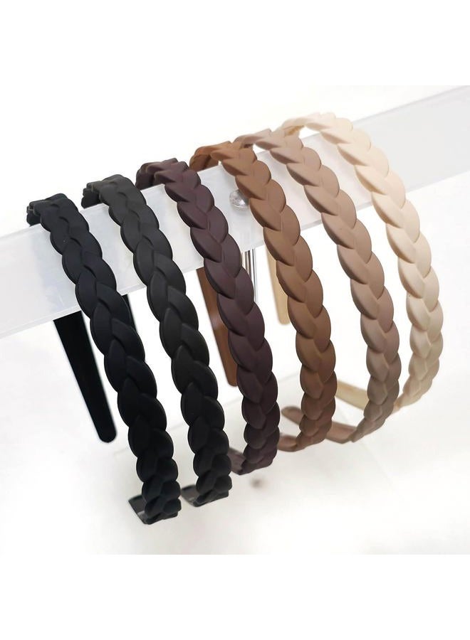 Springtime 6pcs Braided Plastic Headbands for Women and Girls, 12mm Width Pigtail Hairbands with inner Teeth, Multi-Color Pack, Black, Brown, Tan, Beige - Image 1