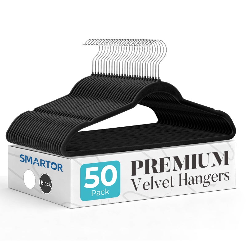 Smartor Black Velvet Hangers 50 Pack, Non Slip Clothes Hangers with Shoulder Notches, Premium Slim Space Saving Felt Hanger for Closet Organizers and Storage, Heavy Duty Hanger for Coat - Image 1