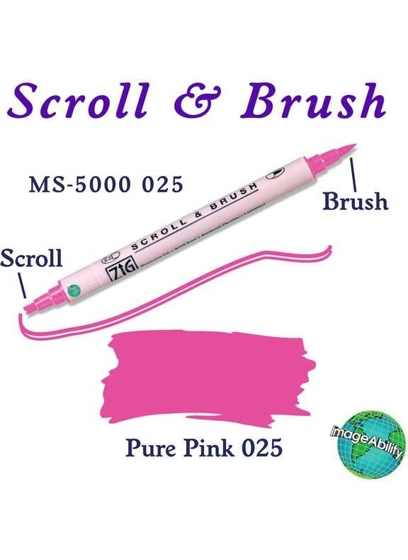 Zig Scroll & Brush Double Line and Brush Tip Calligraphy and Shading Pen 025 Pure Pink 