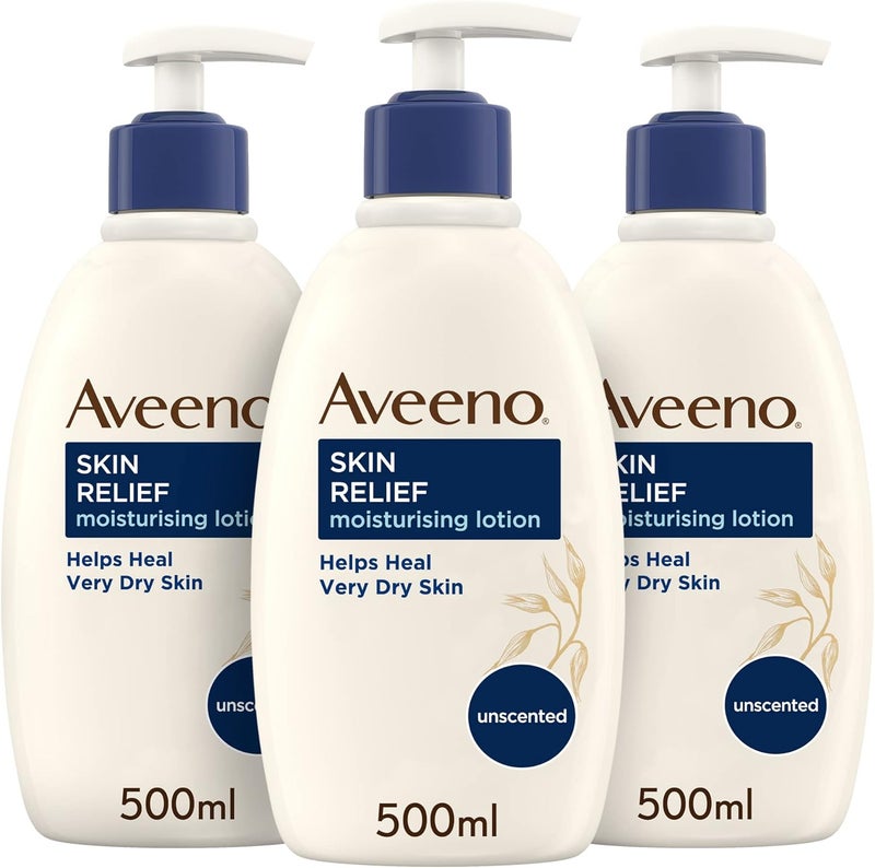 Aveeno Skin Relief Moisturising Lotion Bundle 3x 500ml Nourishing Body Lotion for Relief from Very Dry Tight Skin Body Moisturiser Enriched with Prebiotic Triple Oat Complex and Shea Butter
