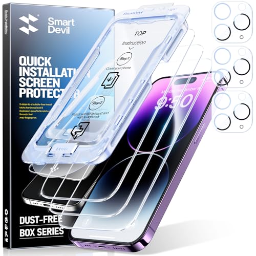 SMARTDEVIL 3-Pack Screen Protector for iPhone 14 Pro Max with 3-Pack Camera Lens Protector, Clear 9H Tempered Glass Film, Super Fast Installation (Dust-Free & Bubble-Free), Alignment Tool - Image 1