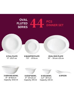 LARAH BY BOROSIL Larah by Borosil Oval Fluted Series Opalware Dinner Set | 44 Pieces for Family of 8 | Microwave & Dishwasher Safe | Bone-Ash Free | Crockery Set for Dining & Gifting | Plates & Bowls | White  - Image 2