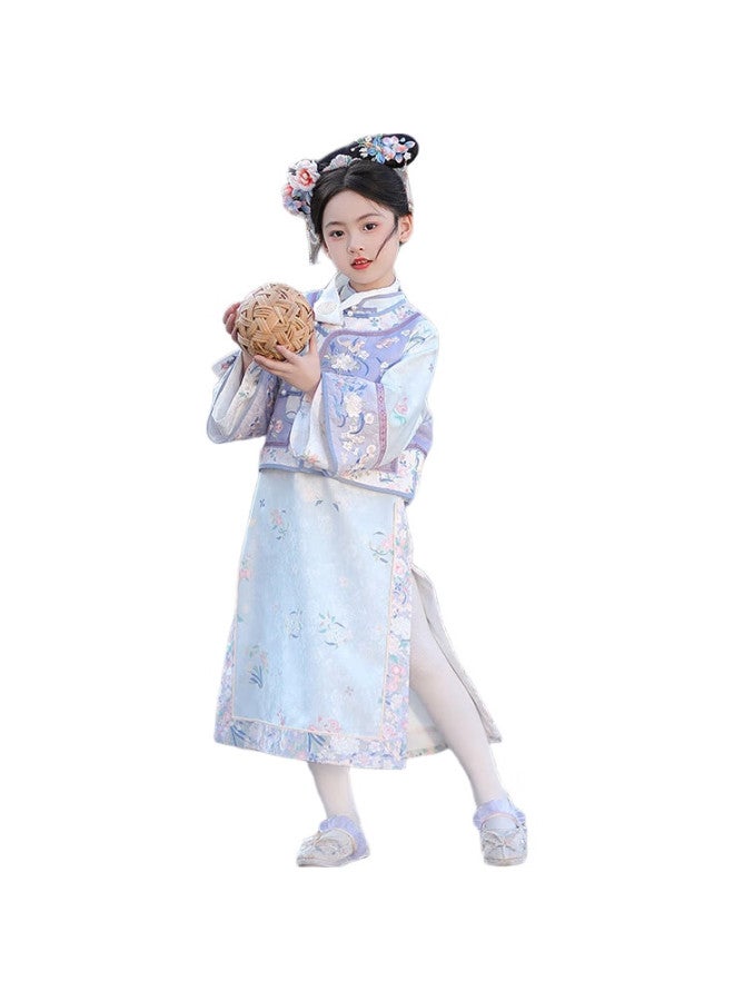 Flag Platinum Qibofu Girls' Qipao Spring New Style Hanfu, Blue-Purple + Neck Scarf (Handkerchief Not Included), Size 110 - Image 2
