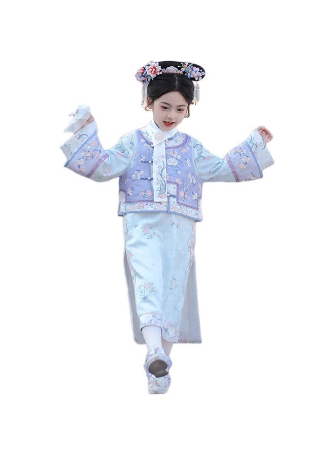 Flag Platinum Qibofu Girls' Qipao Spring New Style Hanfu, Blue-Purple + Neck Scarf (Handkerchief Not Included), Size 110 - Image 3