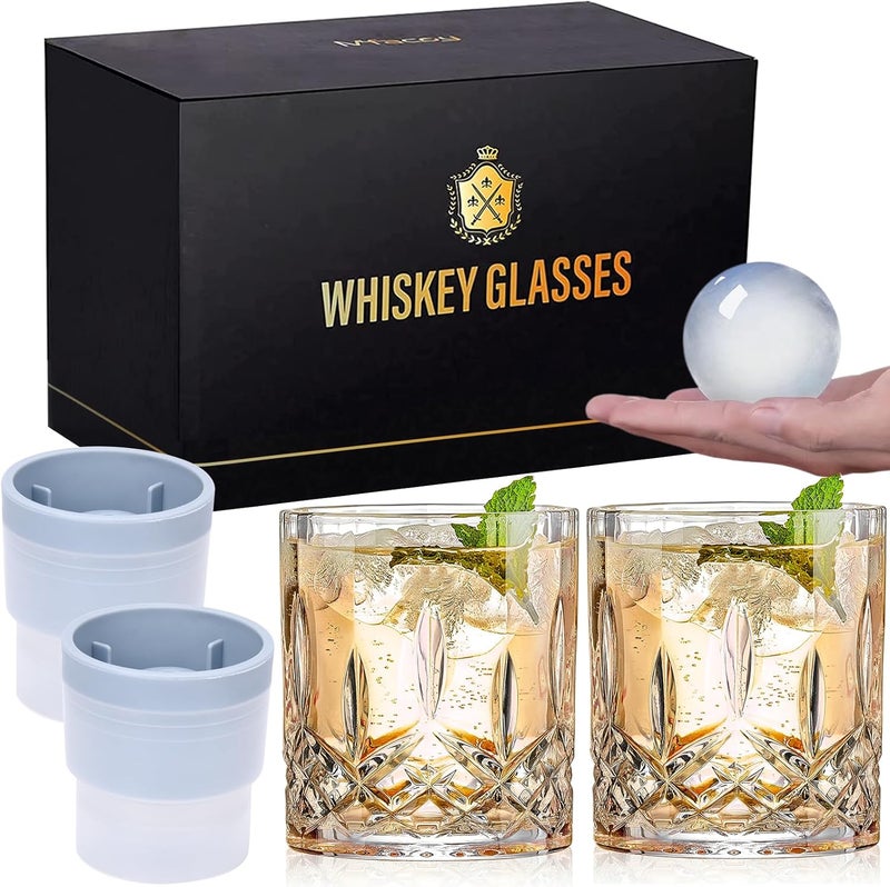 Old Fashioned Whiskey Glasses, Set of 4 (2 Crystal Bourbon Glasses, 2 Round Big Ice Ball Molds) In Gift Box - 11 Oz Rocks Glass, Barware for Scotch Cocktail Rum Vodka Liquor, Gifts for Men - Image 1