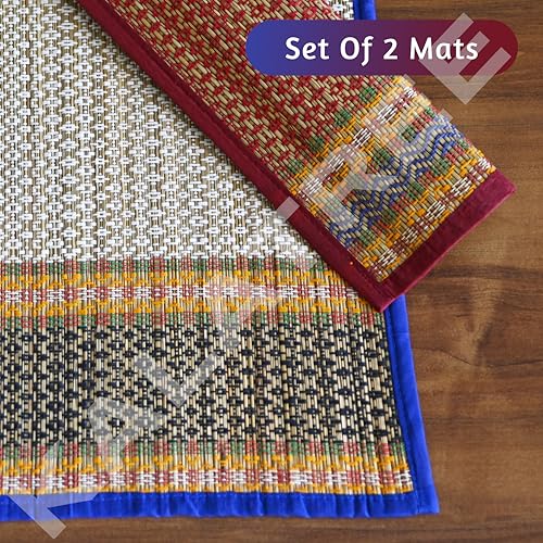 KalaTree Handmade Heat Resistant Mats for Prayer Meditation Picnic | Madurkathi Chatai mat Natural River Korai Grass | Mixed Set of 2 - Elegant - Image 2