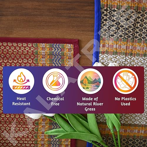 KalaTree Handmade Heat Resistant Mats for Prayer Meditation Picnic | Madurkathi Chatai mat Natural River Korai Grass | Mixed Set of 2 - Elegant - Image 5