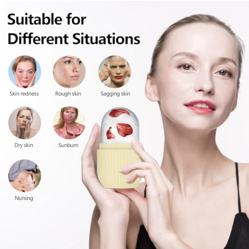 Ice Roller for Face and Eye, Silicone Ice Facial Roller Ice Holder, Face Ice Mold Skin Care, Face Icers Reusable Ice Cube Roller for Shrink Pores Anti Wrinkle Reduce Puffiness, Yellow - Image 2
