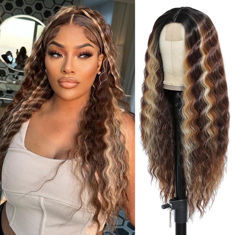 Long Deep Wave Wig Brown Mixed Blonde Middle Part Wig Highlights Synthetic Wig Natural Crimps Curly Lace Front Wigs for Women Hair Replacement Wigs 28