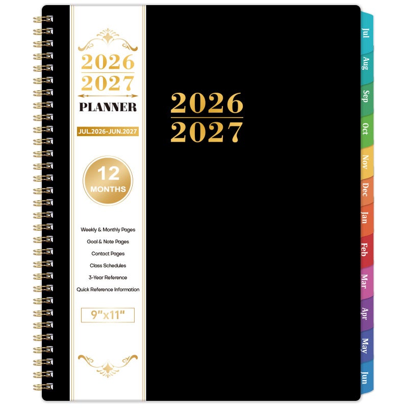 Pinchoco Planner 2026-2027 - Academic Planner 2026-27, Jul.2026 - Jun.2027, 9"x11", 2026-2027 Planners Weekly and Monthly with Colorful Tabs + Class Schedules + Back Pocket + Twin-Wire Binding - Black - Image 1