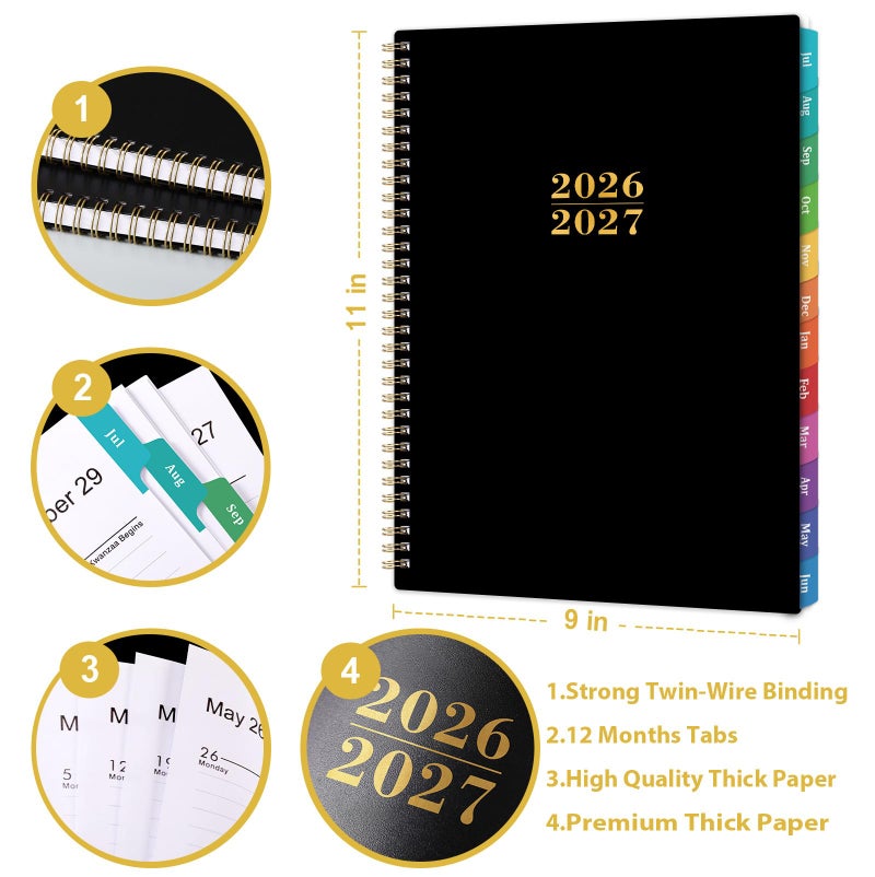 Pinchoco Planner 2026-2027 - Academic Planner 2026-27, Jul.2026 - Jun.2027, 9"x11", 2026-2027 Planners Weekly and Monthly with Colorful Tabs + Class Schedules + Back Pocket + Twin-Wire Binding - Black - Image 3
