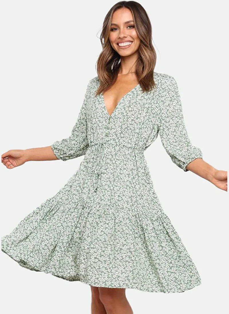 يونيكي White Floral Printed Cotton V-Neck Fit & Flare Dress