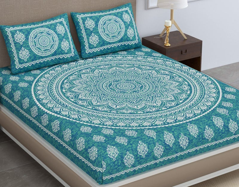 Colorish Cotton Blend Traditional Mandala Jaipuri Printed Bedsheet for Double Bed King Size with 2 Pillow Covers, Sea Green| H603 | 120 TC - Image 1