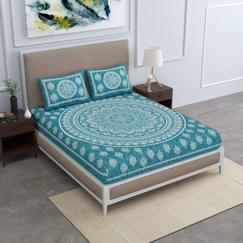 Colorish Cotton Blend Traditional Mandala Jaipuri Printed Bedsheet for Double Bed King Size with 2 Pillow Covers, Sea Green| H603 | 120 TC - Image 3
