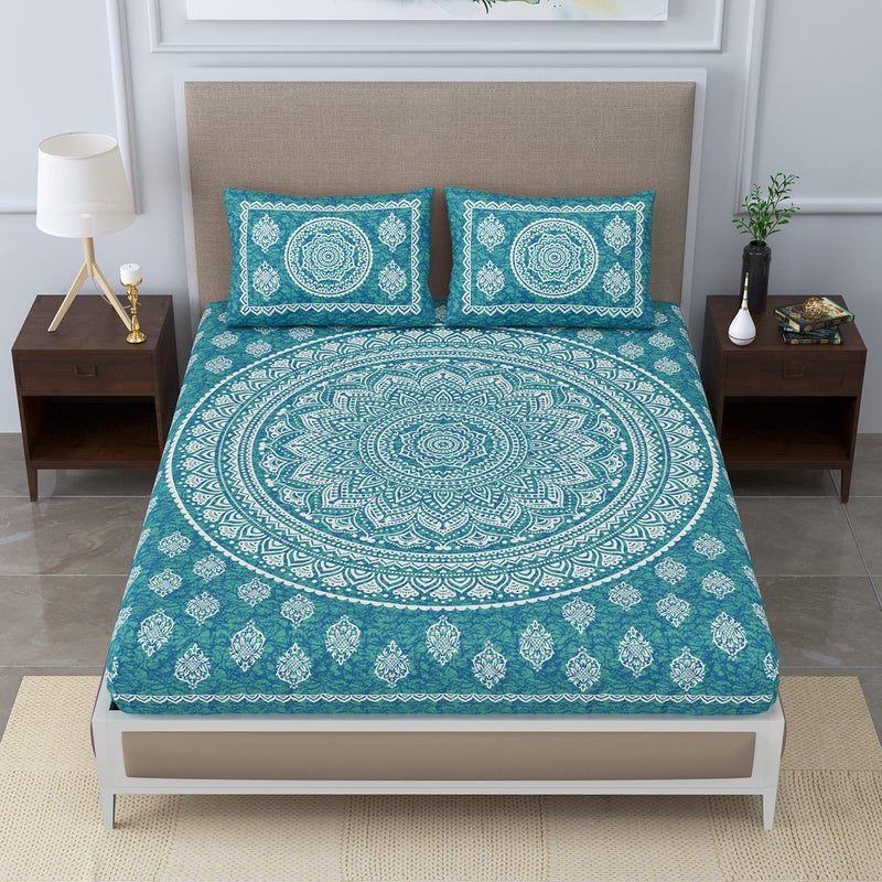 Colorish Cotton Blend Traditional Mandala Jaipuri Printed Bedsheet for Double Bed King Size with 2 Pillow Covers, Sea Green| H603 | 120 TC - Image 4