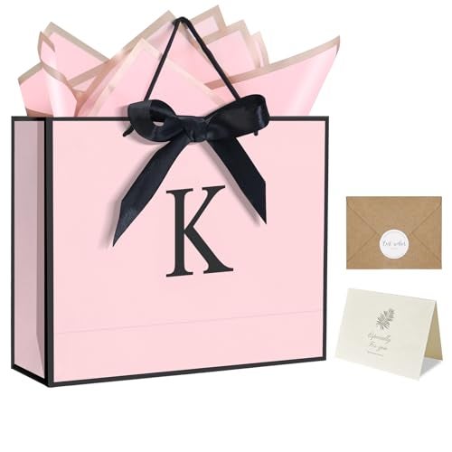 QLSKO Personalized Initial Paper Bag for Women GrilsMonogrammed Gift Bag with Bow RibbonWrapping Tissue and Card Matching Envelope Sticker Pink KMedium - Image 2