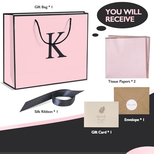 QLSKO Personalized Initial Paper Bag for Women GrilsMonogrammed Gift Bag with Bow RibbonWrapping Tissue and Card Matching Envelope Sticker Pink KMedium - Image 5