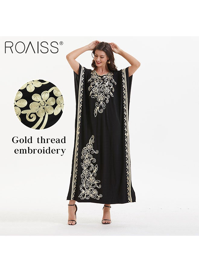 roaiss Women'S Muslim Fashion Robe Classic Round Neck Short Sleeved Beach Dress With Gold Thread Pattern Decoration - Image 4