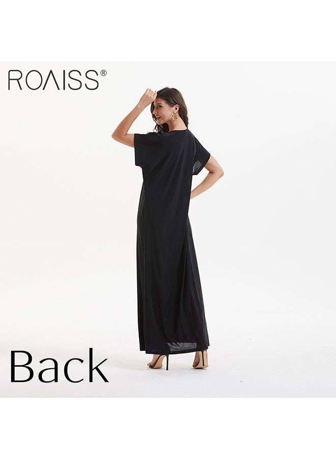 roaiss Women'S Muslim Fashion Robe Classic Round Neck Short Sleeved Beach Dress With Gold Thread Pattern Decoration - Image 5