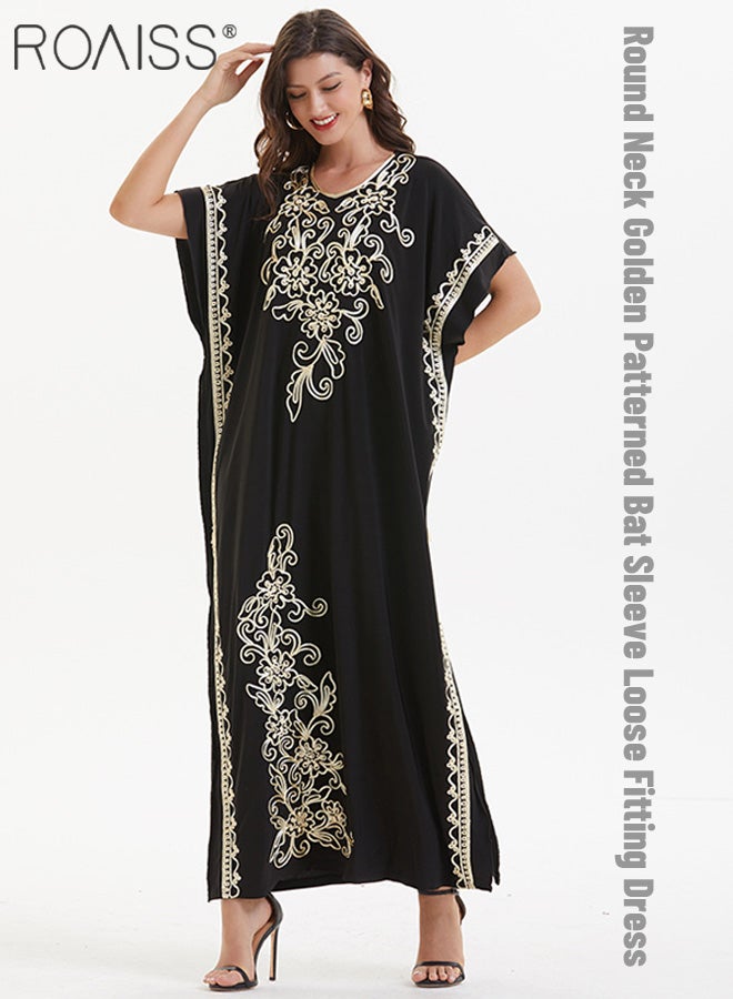 roaiss Women'S Muslim Fashion Robe Classic Round Neck Short Sleeved Beach Dress With Gold Thread Pattern Decoration - Image 1