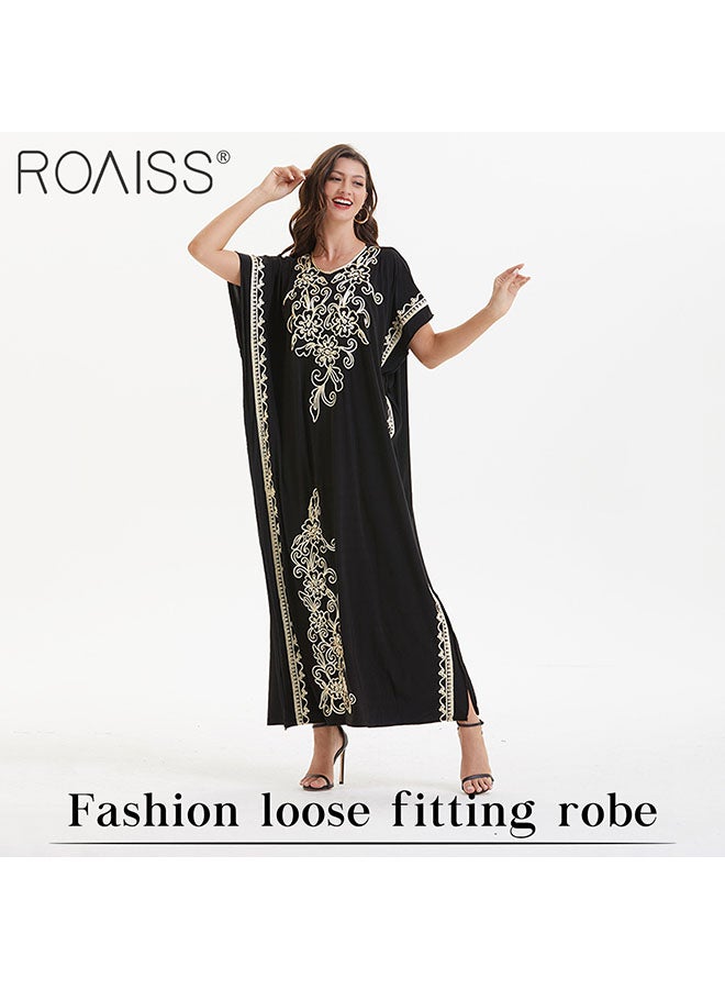 roaiss Women'S Muslim Fashion Robe Classic Round Neck Short Sleeved Beach Dress With Gold Thread Pattern Decoration - Image 3