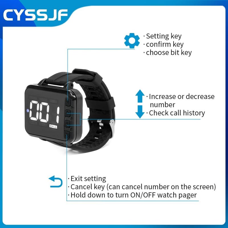 CYSSJF Restaurant Wireless Calling System Table Buzzer Service Calling System for Hotel Bar Waiter with 5PCS Waterproof table Calling Buttons 1PC Watch Receiver - Image 3