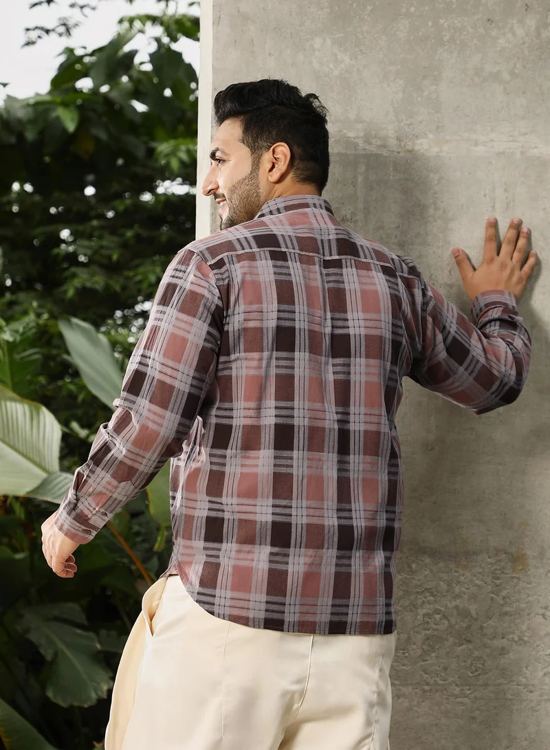 انستافاب بلس Instafab Plus Men's Chocolate Brown Button-Down Check Regular Shirt | Button-Down Collar , Long Cuffed Sleeves , Button Closure , Curved Hemline | Checks Plain Cotton-Blend For Street & Casual Wear