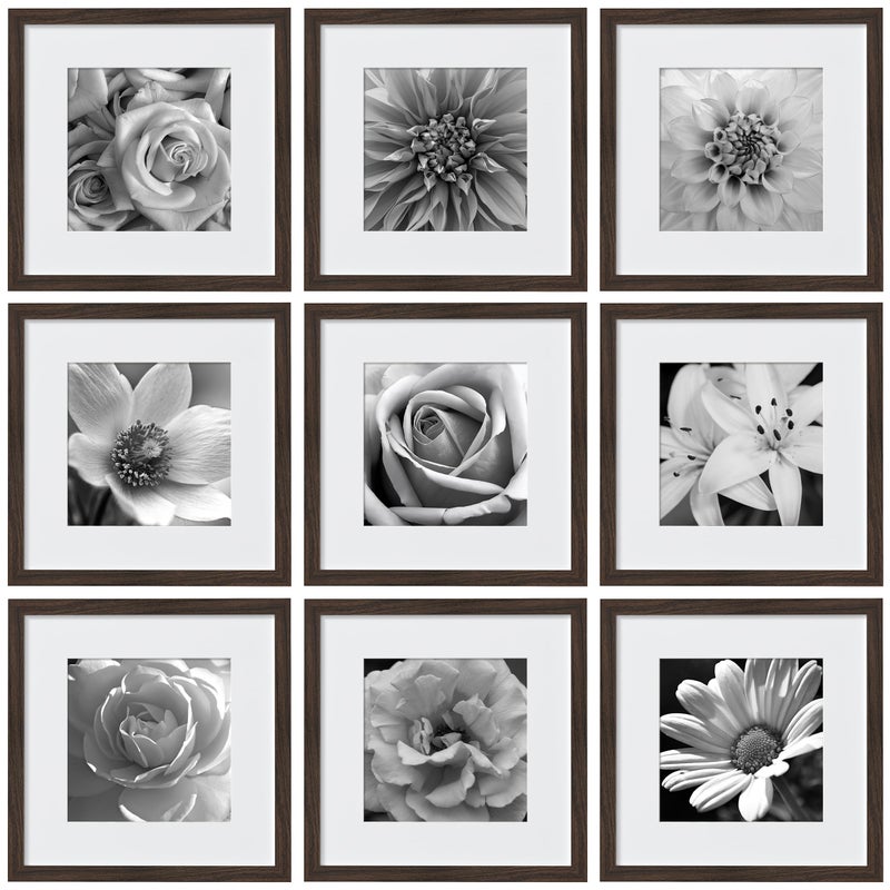 eletecpro 12x12 Picture Frames Set of 9 with Mat for 8x8 Photos or without Mat for 12x12, Square Gallery Wall Decor Collage for Picture Display, Walnut Brown Frame Set for Wall Hanging - Image 1