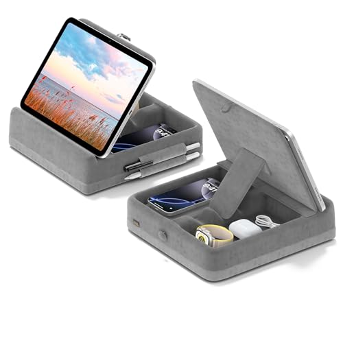 KDD Tablet Pillow Stand with Storage, Foldable iPad Holder for Bed, Lap and Desk, Angle Adjustable Soft Pad Dock with Stylus Mount Compatible with Ipad Pro 12.9, 10.5, 11, Air, Mini, Phones, Books - Image 1