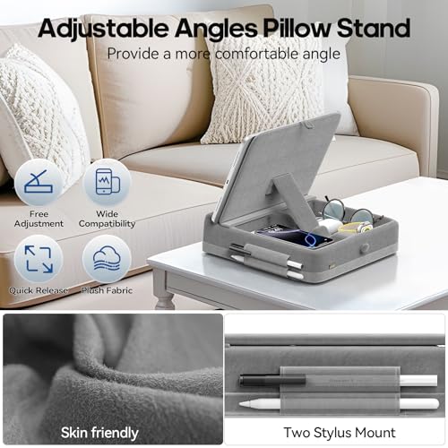 KDD Tablet Pillow Stand with Storage, Foldable iPad Holder for Bed, Lap and Desk, Angle Adjustable Soft Pad Dock with Stylus Mount Compatible with Ipad Pro 12.9, 10.5, 11, Air, Mini, Phones, Books - Image 4