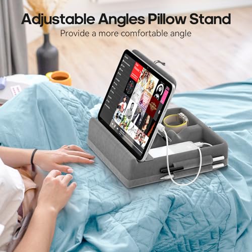 KDD Tablet Pillow Stand with Storage, Foldable iPad Holder for Bed, Lap and Desk, Angle Adjustable Soft Pad Dock with Stylus Mount Compatible with Ipad Pro 12.9, 10.5, 11, Air, Mini, Phones, Books - Image 2