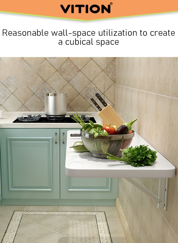 VITION Computer Wall Mount Stand Folding Wall-Mounted Drop-Leaf Table, Metal Folding Shelf Bench Table Bracket (40 X 100 cm) White - Image 5