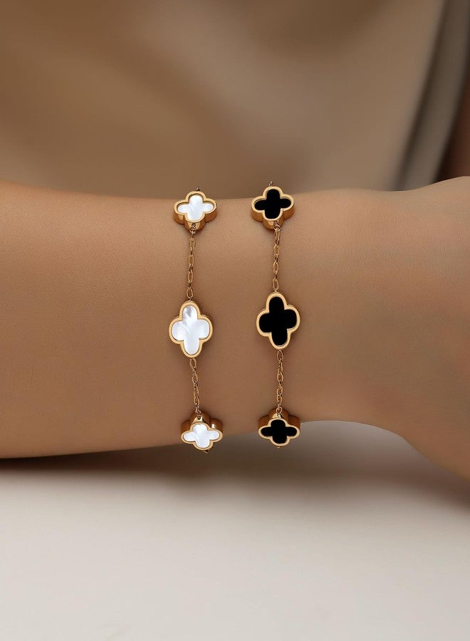 HAITTY 18K Gold/Silver Plated Clover Bracelet Set for Women, White/Black Adjustable Link Double-Sided Lucky Bracelets, Trendy Cute Bracelets Set Jewelry Gifts for Women Men (Gold White + Gold Black) - Image 3