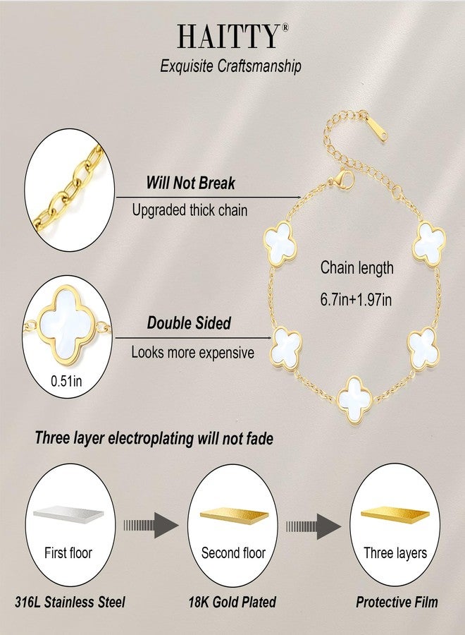 HAITTY 18K Gold/Silver Plated Clover Bracelet Set for Women, White/Black Adjustable Link Double-Sided Lucky Bracelets, Trendy Cute Bracelets Set Jewelry Gifts for Women Men (Gold White + Gold Black) - Image 2