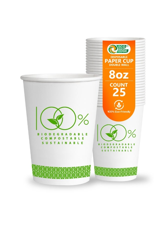 EcoEdge 8 Oz Disposable Double Wall Heavy-Duty Paper Cups (Pack of 25) | Light Weight, White Printed | Eco-Friendly, Elegant, Leakproof, Chemical Free | Ideal for All Occasions | 100% Sustainable - Image 1