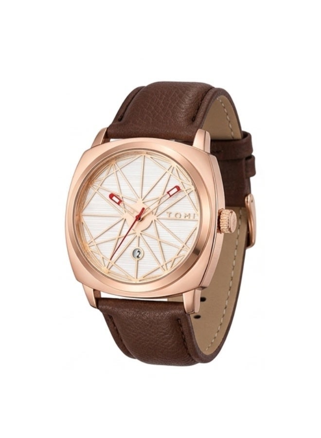 TOMI Men's Luxury Quartz Watch Rose Gold Case Brown Leather Strap Analog Wrist Watch - Image 1