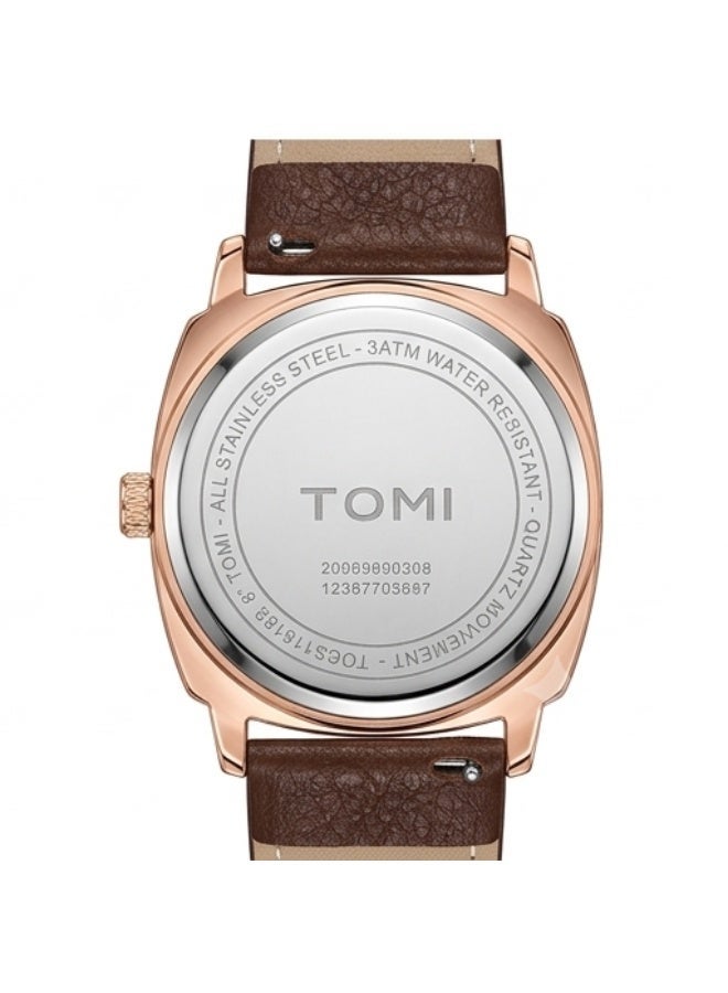 TOMI Men's Luxury Quartz Watch Rose Gold Case Brown Leather Strap Analog Wrist Watch - Image 4