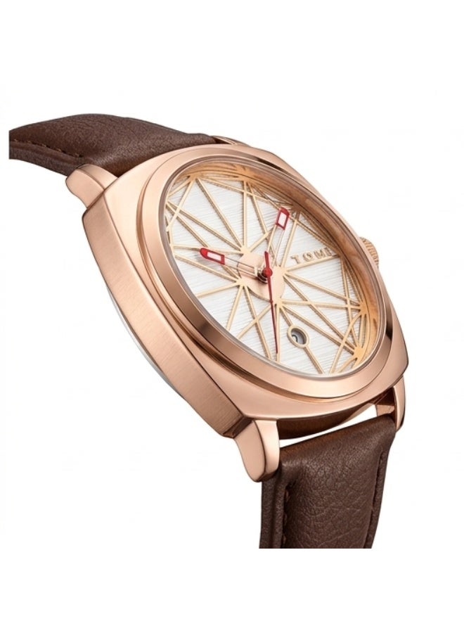TOMI Men's Luxury Quartz Watch Rose Gold Case Brown Leather Strap Analog Wrist Watch - Image 5