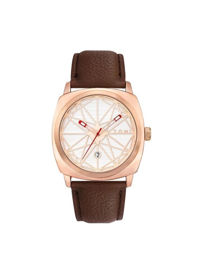 TOMI Men's Luxury Quartz Watch Rose Gold Case Brown Leather Strap Analog Wrist Watch - Image 2