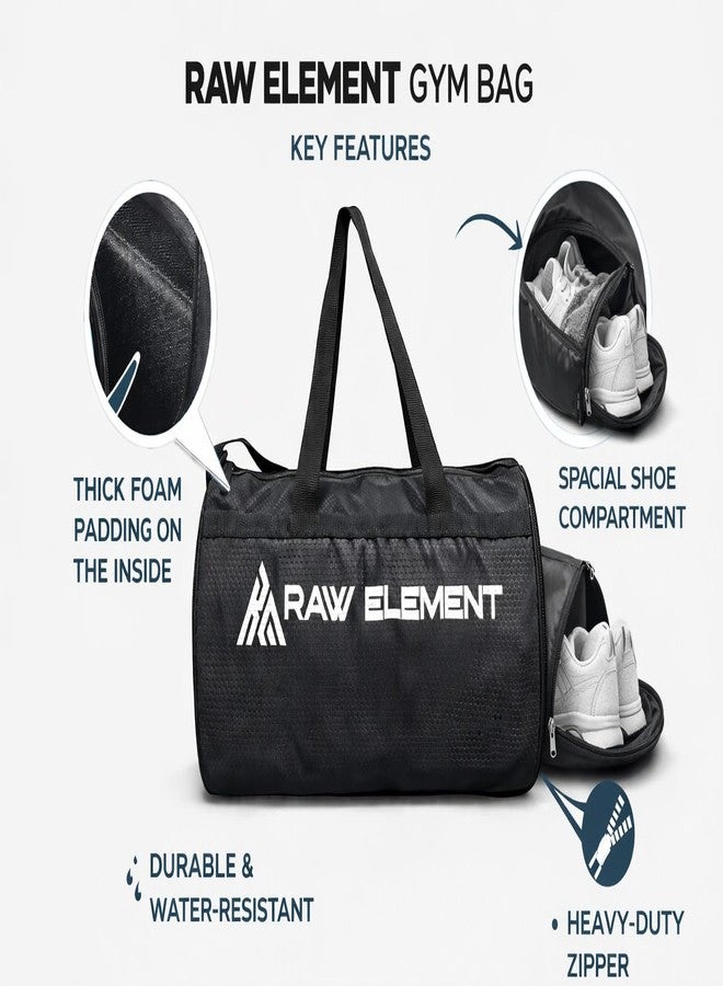 Raw Element Gym Bag with Wrist Wraps & Shaker Bottle | Durable Water-Resistant Duffel Bag with Thick Foam Padding | Spacious Travel & Workout Bag for Men & Women (Black) (1) - Image 3