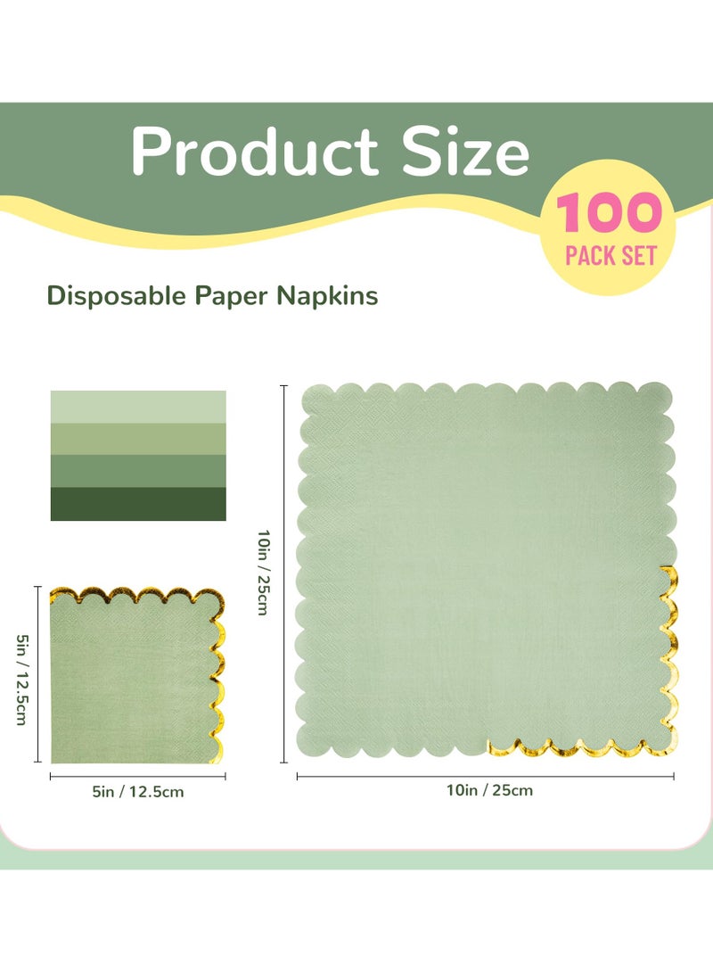 100 Disposable Napkins, 5 x 5 Inches (approx. 12.7 x 12.7 cm), 2-ply, Scalloped Edges, Perfect for Dinner Parties, Weddings, Birthday Parties, Bridal Anniversary Receptions (Gold Green) - Image 2