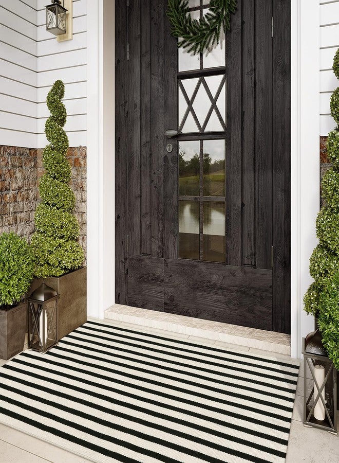 Sungea Striped Outdoor Rug 3'x5', Cotton Hand Woven Rug Fall Front Door Mat,Washable Reversible Layered Door Mats, Foldable Front Porch Rug for Entryway/Home Entrance/Farmhouse(Black and Tan) - Image 1