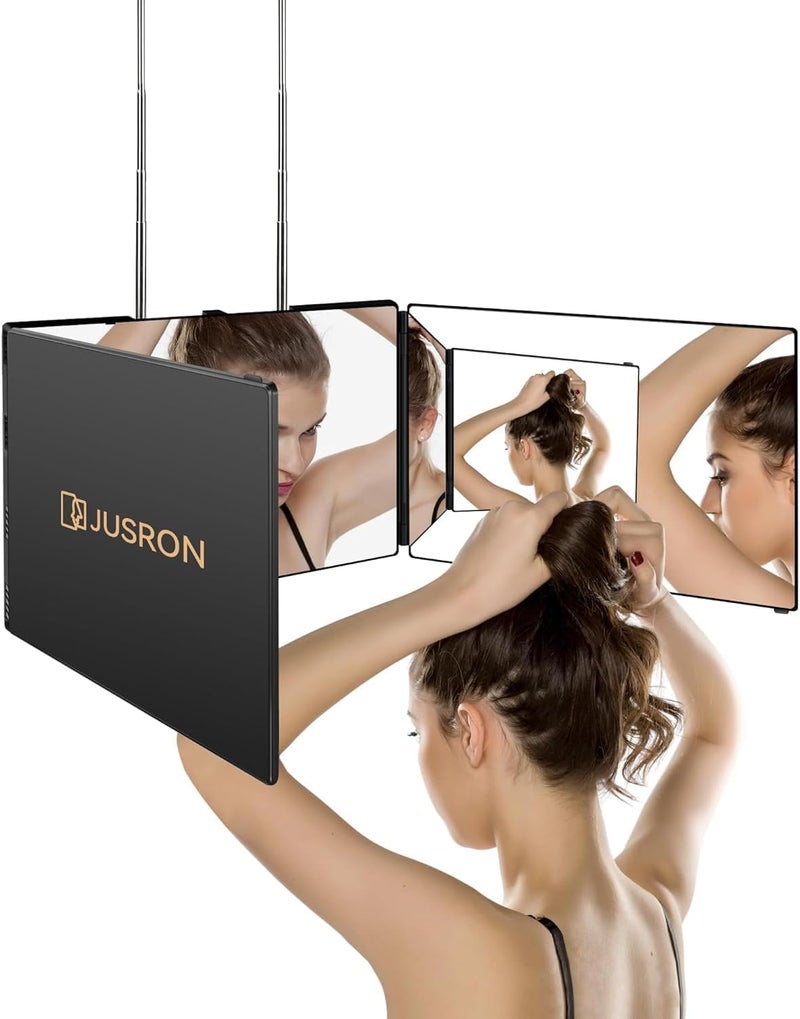JUSRON 3 Way Mirror for Self Hair Cutting, 360 Trifold Barber Mirrors Makeup Mirror, Light Up Mirror to See Back of Head, DIY Haircut Tool (Black Without LED) - Image 1