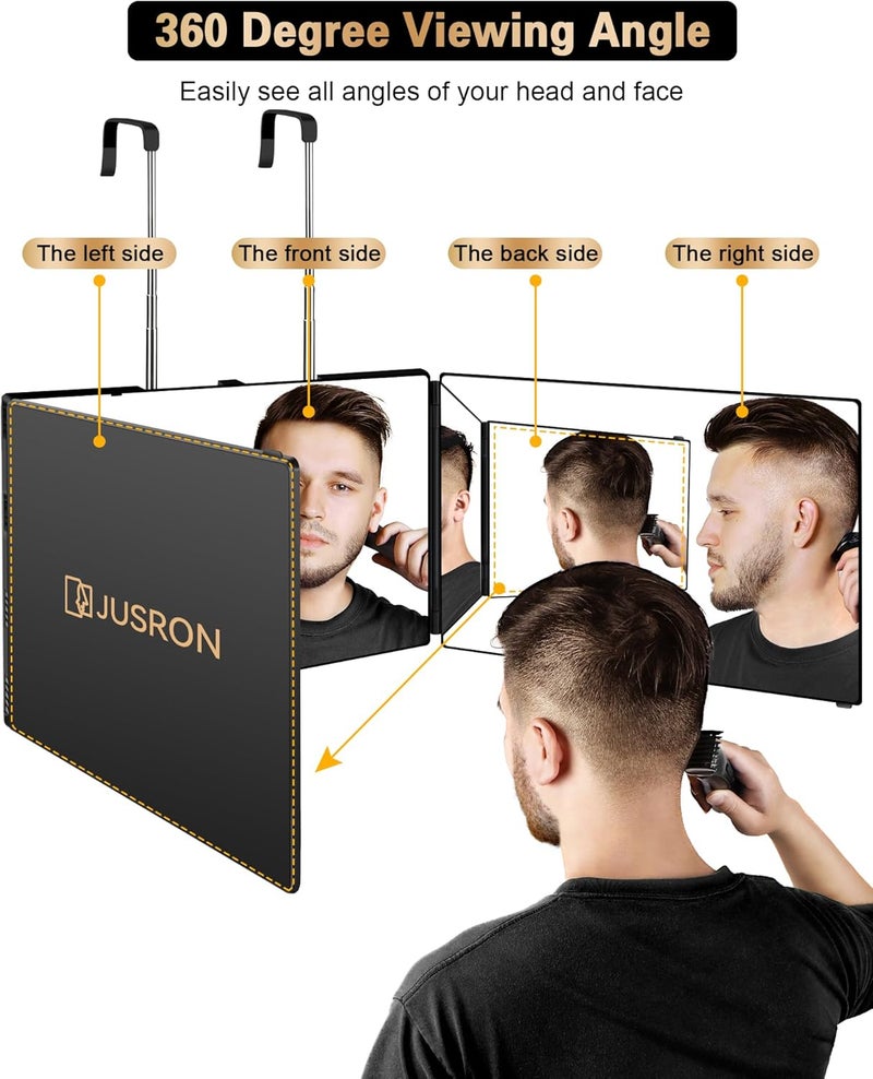 JUSRON 3 Way Mirror for Self Hair Cutting, 360 Trifold Barber Mirrors Makeup Mirror, Light Up Mirror to See Back of Head, DIY Haircut Tool (Black Without LED) - Image 2