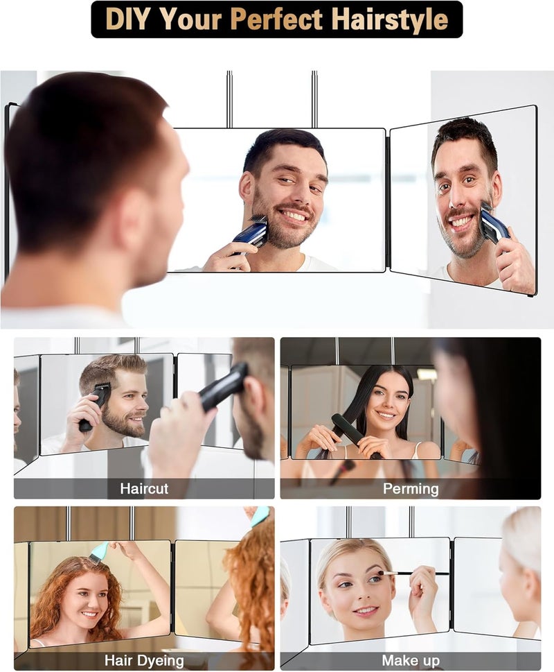 JUSRON 3 Way Mirror for Self Hair Cutting, 360 Trifold Barber Mirrors Makeup Mirror, Light Up Mirror to See Back of Head, DIY Haircut Tool (Black Without LED) - Image 4