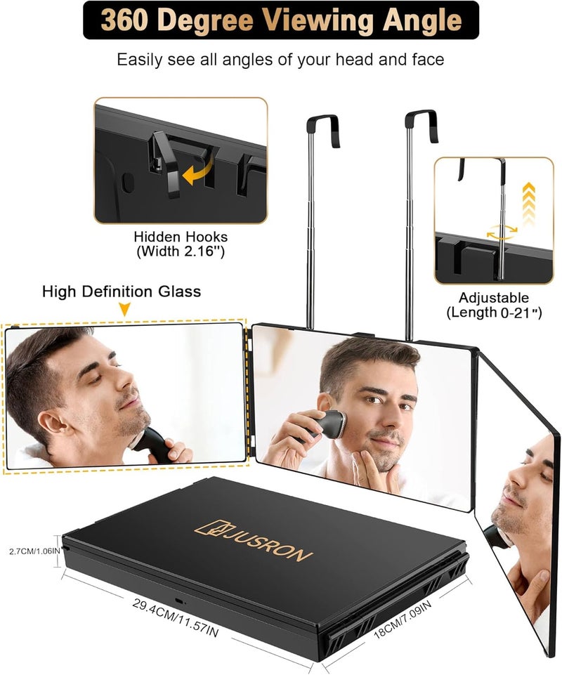 JUSRON 3 Way Mirror for Self Hair Cutting, 360 Trifold Barber Mirrors Makeup Mirror, Light Up Mirror to See Back of Head, DIY Haircut Tool (Black Without LED) - Image 3