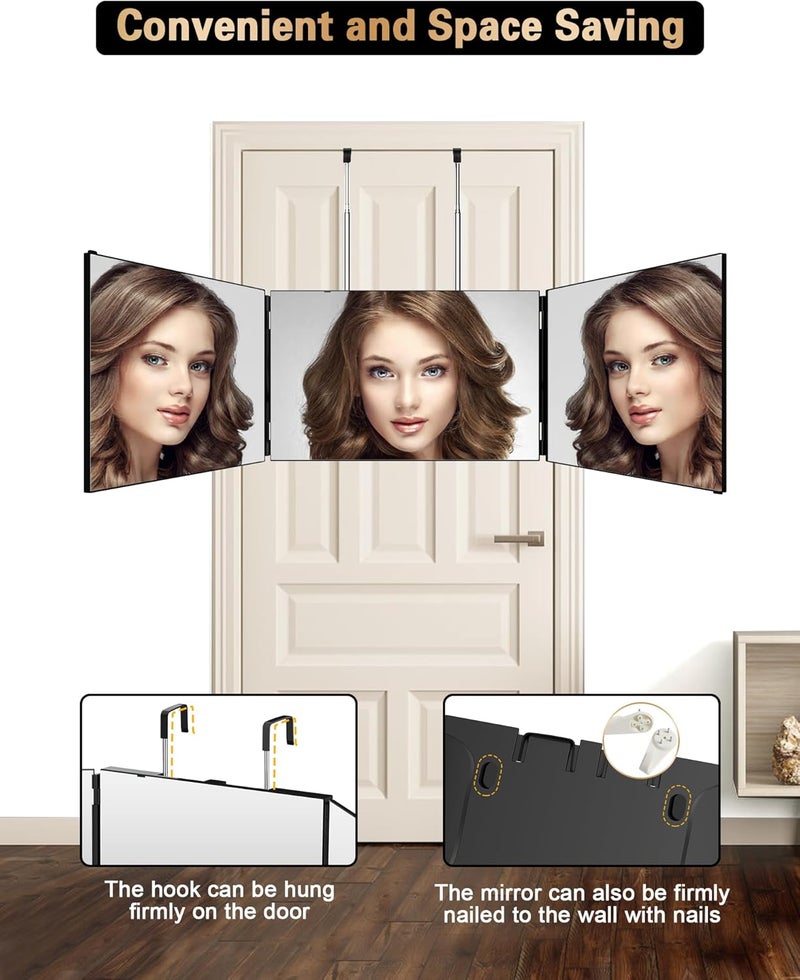 JUSRON 3 Way Mirror for Self Hair Cutting, 360 Trifold Barber Mirrors Makeup Mirror, Light Up Mirror to See Back of Head, DIY Haircut Tool (Black Without LED) - Image 5